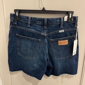 High Rise Wrangler Blue Denim Shorts with Tan Patch